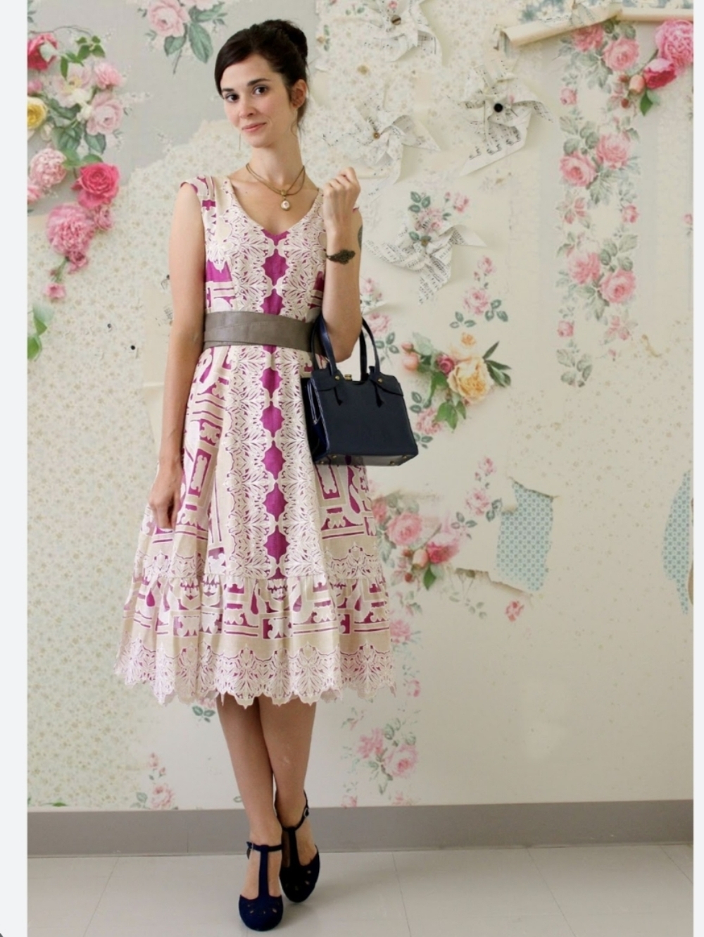 Anthro Moulinette Soeurs Pink and Cream Lace-Inset Midi Dress Versailles - Picture 4 of 13